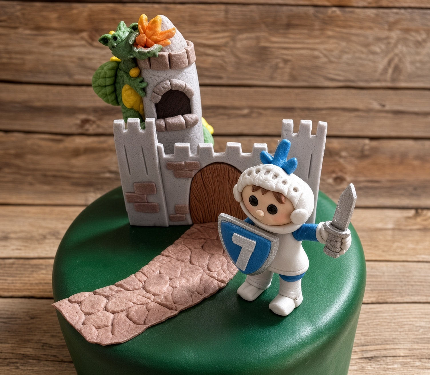 Knight-themed edible cake decorating kit with a castle, dragon, stone path, and blue-and-white knight on a green cake.