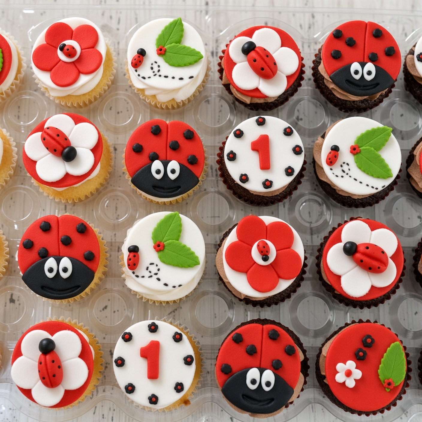 Twelve cupcakes topped with edible red ladybugs, green leaves, white daisies, and personalized white name discs.