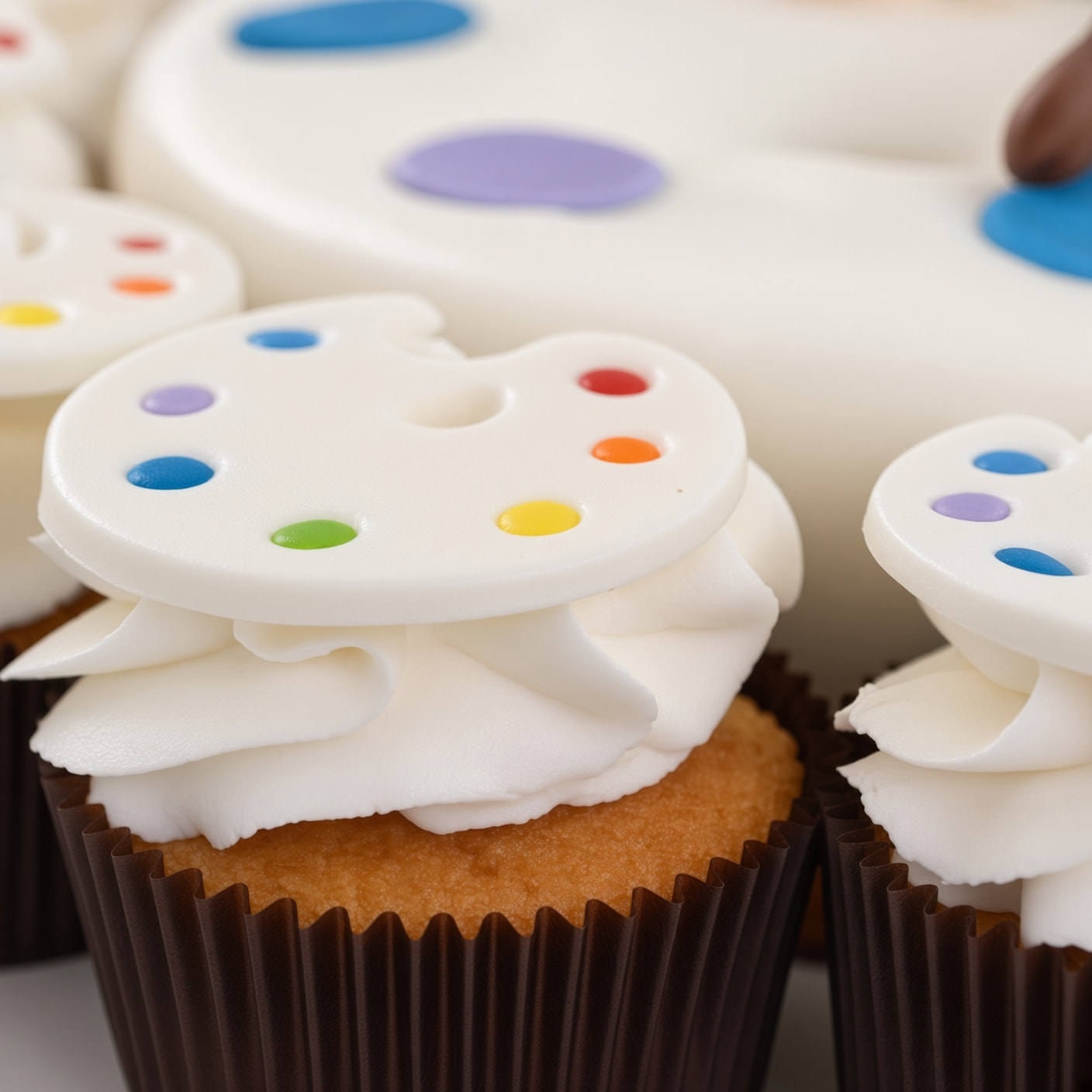Cupcake with white frosting and an edible white artist palette topper dotted with red, orange, yellow, green, blue, and purple paint colors.