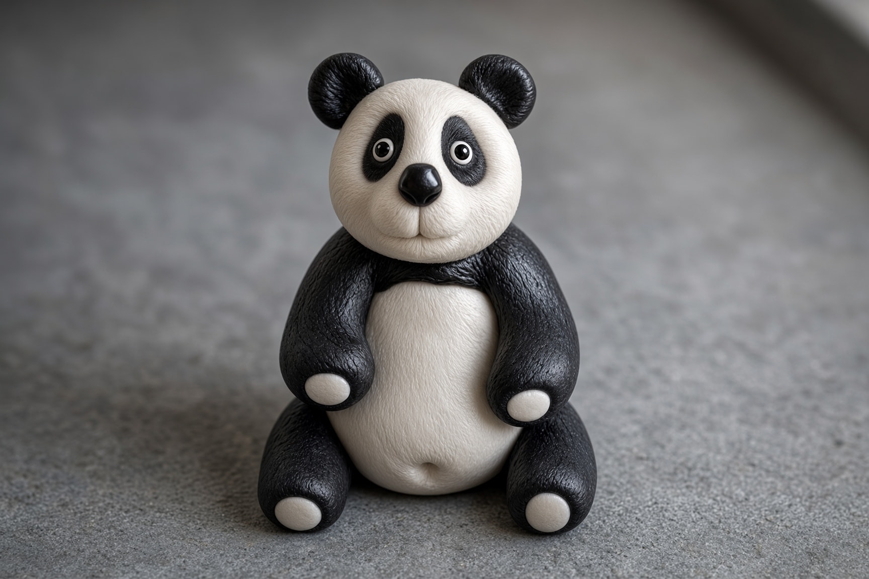 Black-and-white edible panda cake topper seated on a gray surface.