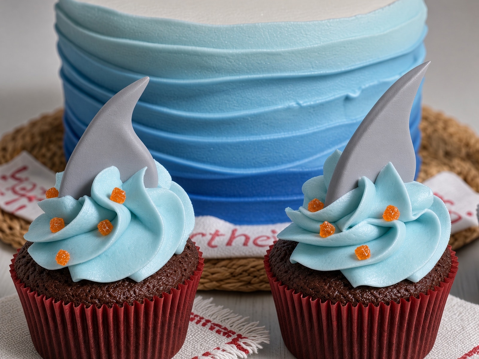 Two cupcakes with gray edible shark-fin toppers, blue frosting, and orange accents in front of a blue cake.