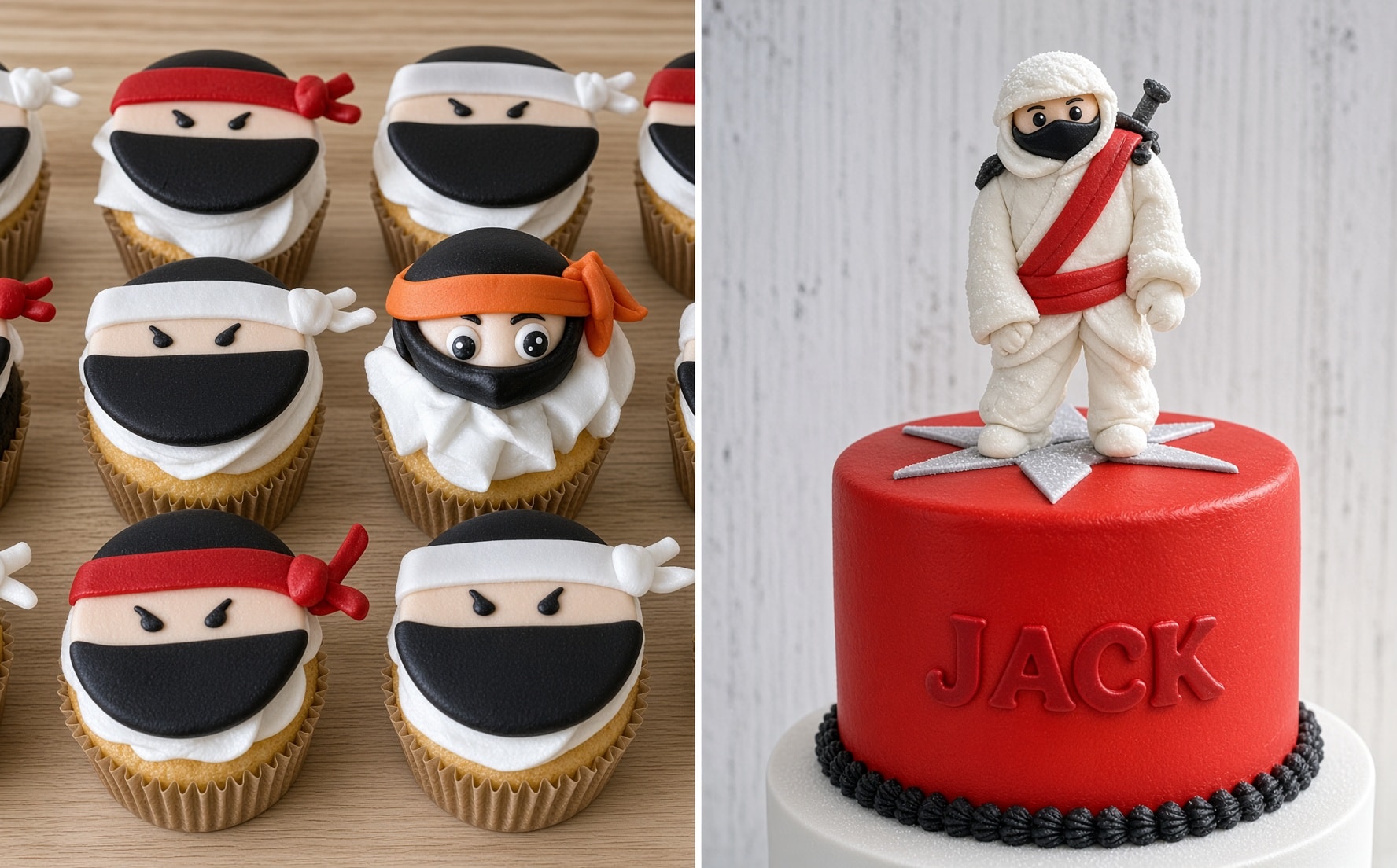 Ninja-themed edible cake decorating kit with matching ninja cupcakes and a red cake topped with a white ninja figure.