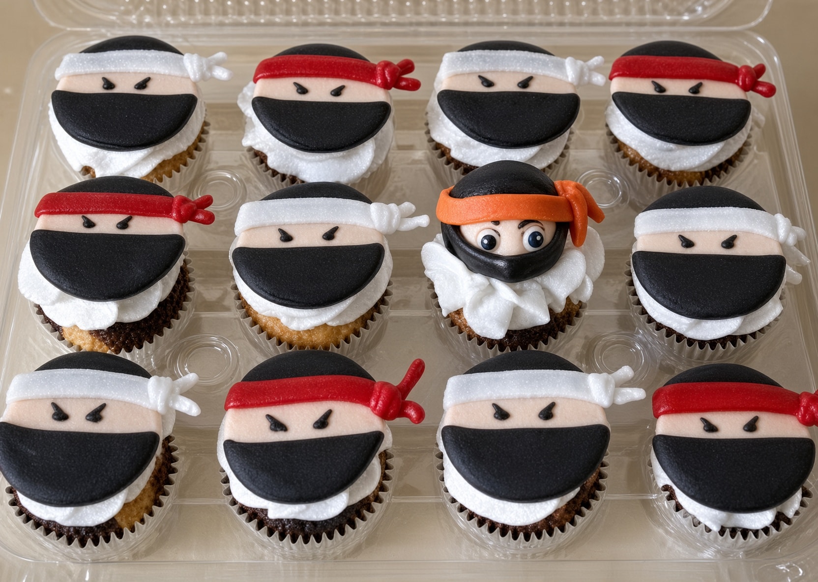 Twelve cupcakes decorated with edible ninja faces and red, white, and orange headbands in a clear tray.