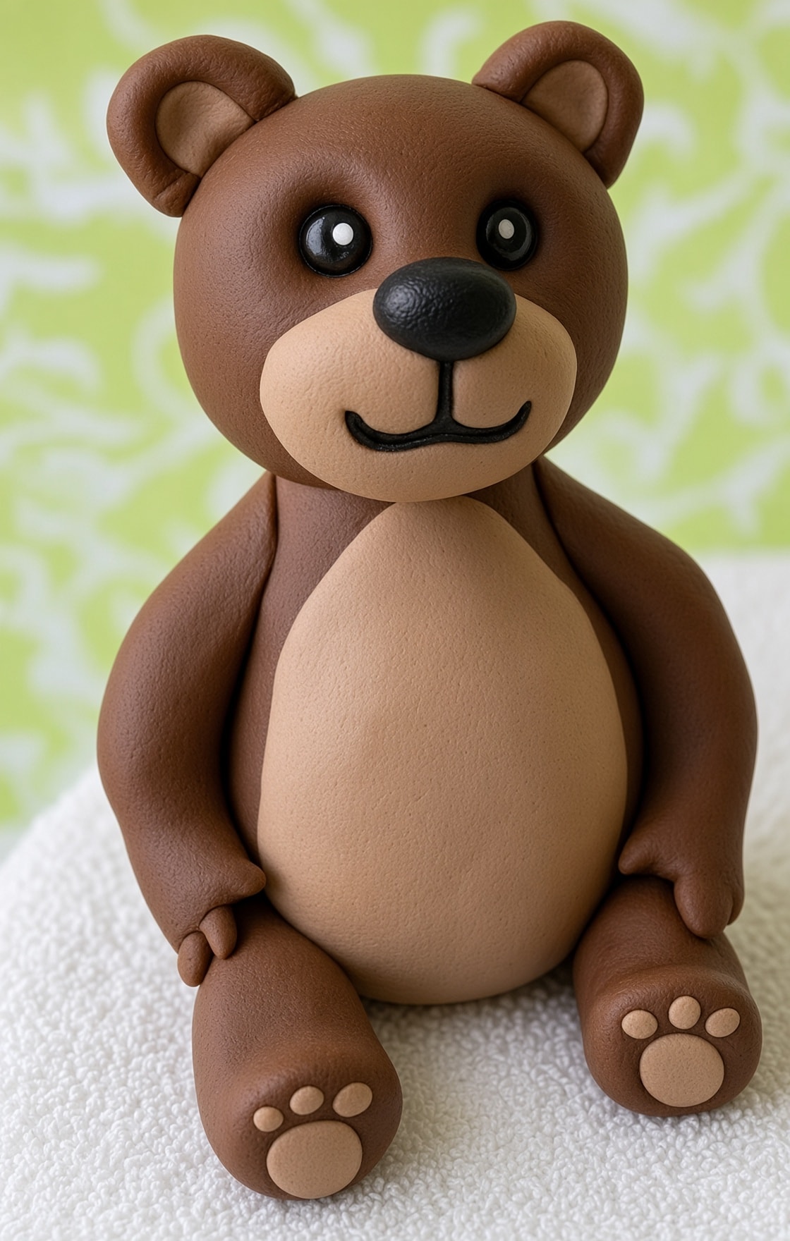 Brown edible woodland bear cake topper with a tan belly and paw details against a soft green background.